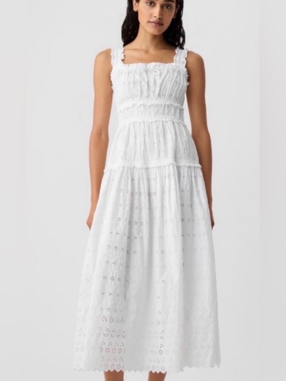 GAP x Doen White Eyelet Smocked Cotton Tiered Maxi Sundress size XL NWT